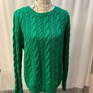Kelly green,cable knit, cotton sweater; Lands’ End